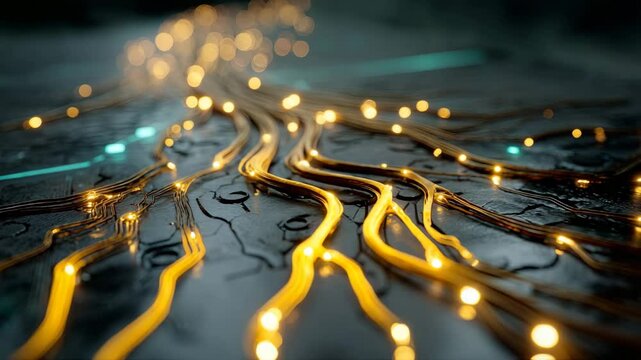 Tech Root Network Golden tech roots spreading across dark circuit surface &ndash; ambient energy flow animation loop for AI connectivity and future networks Organic Energy Circuit.