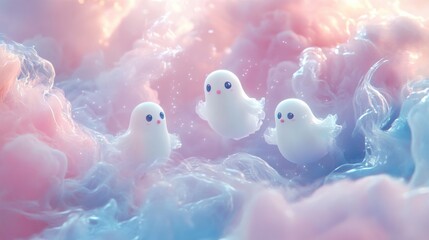 A group of cute white spirits fluttering in the air, surrounded by gentle pastel hues of pink and blue