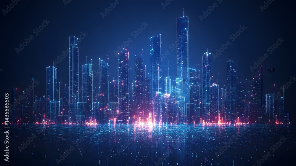 Poster futuristic cityscape featuring illuminated skyscrapers against a dark blue canvas, mirrored below. r