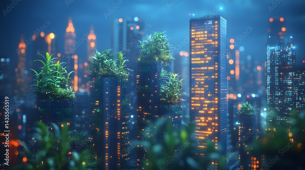 Poster Futuristic cityscape at night blends nature and technology. Lush greenery adorns buildings, creating an eco-conscious design with warm glowing windows. Abstract wireframe in dark blue.