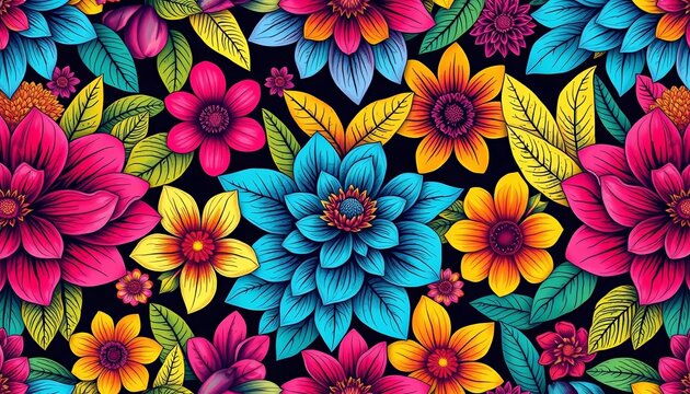 Intricate, hand-drawn exotic floral seamless pattern in vibrant colors, print, surface pattern
