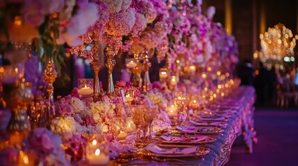 Grand wedding table setup with floral runners, candles, and ornate crockery