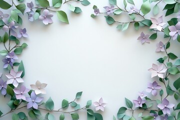 Naklejka premium Delicate paper flowers and leaves create a frame.