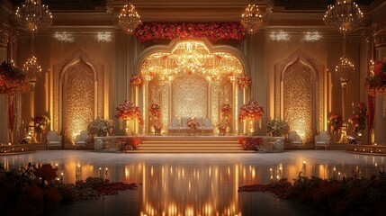 Obraz premium Lavish Indian wedding hall decor with dramatic lighting, floral panels, and chandeliers