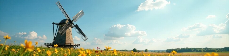 Giant windmill rotates lazily under a bright summer sky , sky, windmill