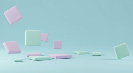 Pastel Green and Purple Cubes Floating on Light Blue Background Abstract 3D Render