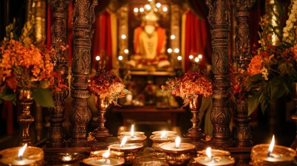 Fototapeta premium Temple-inspired Indian wedding decor with traditional carvings and oil lamps
