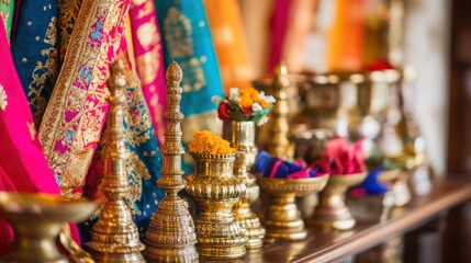 Naklejka premium Traditional Gujarati wedding decor with colorful fabric, torans, and brass items