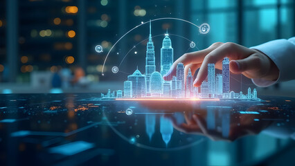 Hand Rotates 3D City Model with Touch Gesture and Futuristic Icons