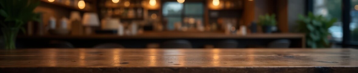 Clean wooden tabletop, bokeh cafe setting  Dark, moody atmosphere , design, dark
