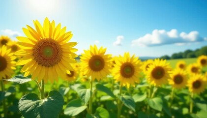 Obraz premium Sun-drenched sunflowers, vibrant yellow against lush green meadow, clear blue sky , natural, flowers, fresh