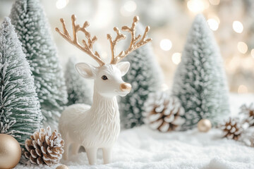 White deer figurine surrounded by snow, pine cones, and Christmas trees.