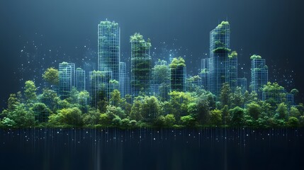 Fototapeta premium A futuristic, eco-conscious city blends architecture with nature, featuring glowing buildings and lush vegetation. A vision of sustainable urban living. Abstract wireframe in dark blue