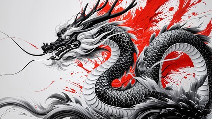 Intricate, majestic black and white Chinese dragon with meticulously detailed, layered scales that shimmer with subtle textures, and a flowing, wispy mane that appears to be blown by an unseen wind, s