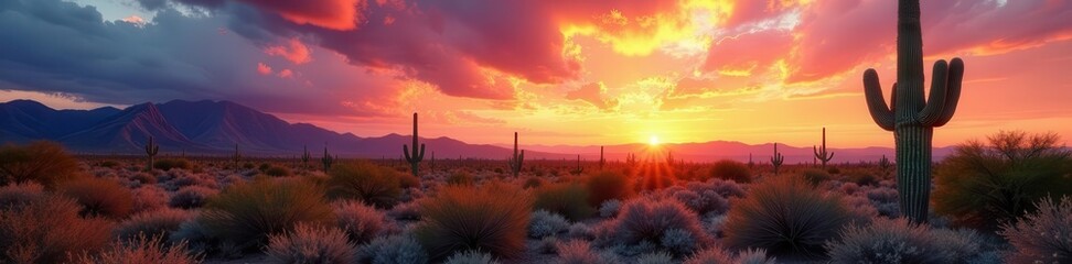 Dramatic sky over sprawling saguaro cacti field, dawn, sunlight
