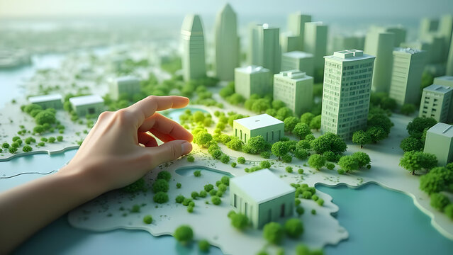 Hand Highlights Eco Zones in 3D City Model with Green Interface