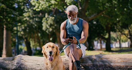 Dog walking, phone and smile with black man in park for cardio exercise, fitness or health hobby....