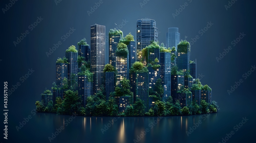 Poster a captivating cityscape where nature reclaims towering skyscrapers, blurring the line between urban 