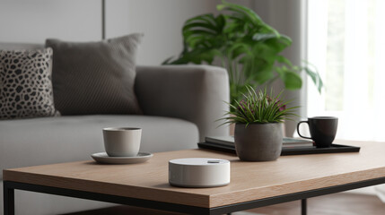 Modern Living Room with Digital Home Assistant and Wireless Hub