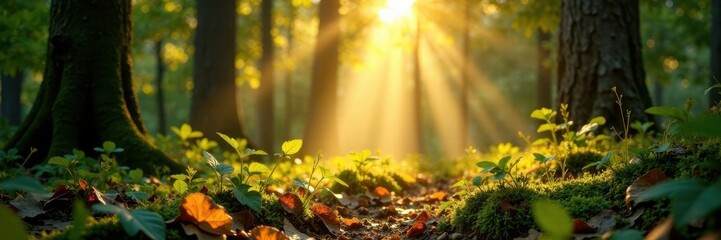 Golden sunlight streams through leaves onto forest floor, ray, soil