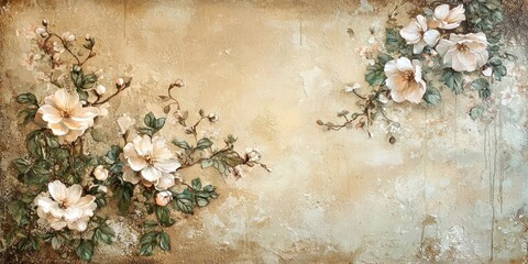 Aged floral mural with soft edges and intricate details