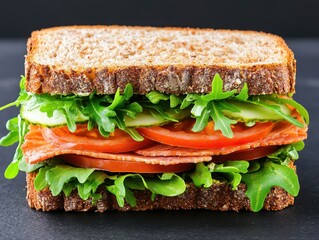 A delectable sandwich layered with smoked salmon, tomato, cucumber, arugula, and a creamy spread on wholemeal bread