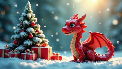 Smiling red dragon, gifts piled high, frosted trees , festive, snowy trees