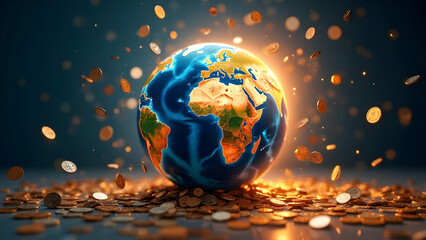Radiant Globe on Coins with Swirling Currency Overhead for Investment Flows