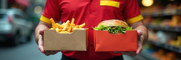 Two fast-food boxes held by a delivery driver in uniform , motorbike, uniform