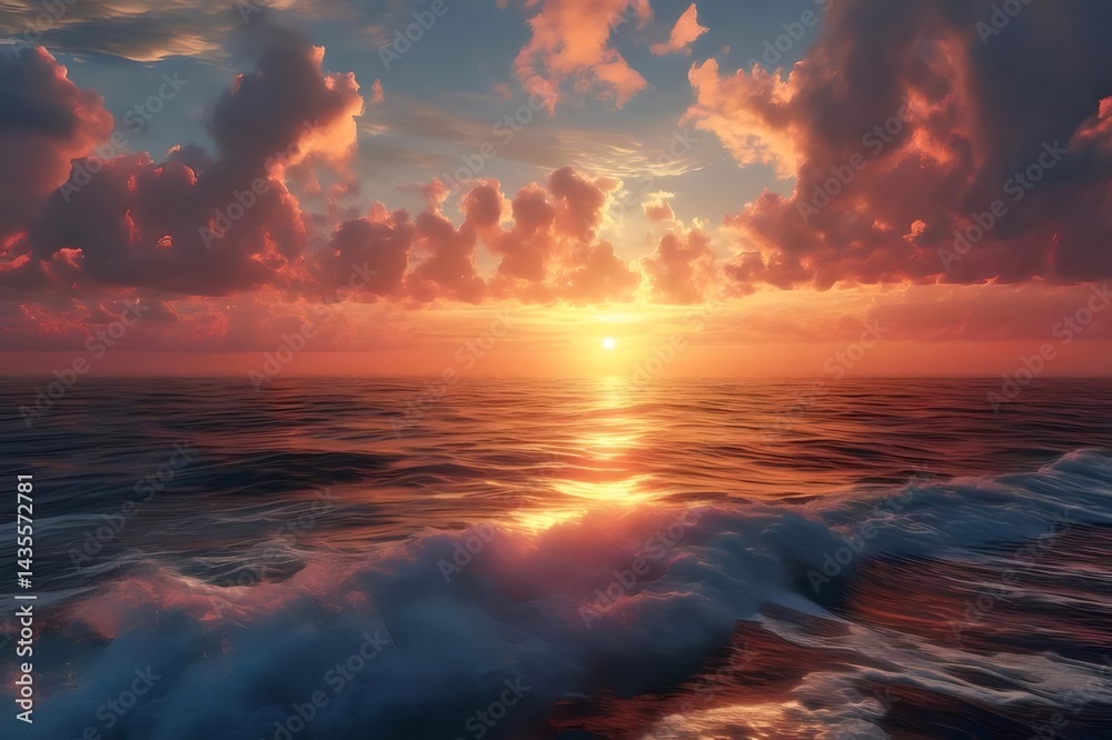 Poster 夕焼けの海原に沈む太陽と燃えるような雲が織りなす壮大な光景 オレンジ色の空と波が幻想的な風景を作り出す