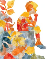 Obraz premium Thoughtful Child Silhouette Surrounded by Colorful Nature Illustrating Mental Health Awareness in Creative Artwork