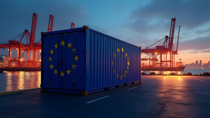 Dramatic Lighting on EU Flag Container at Port with City Skyline