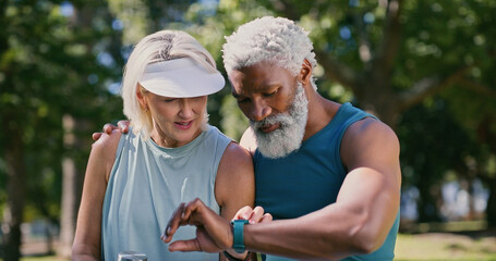 Break, fitness and watch with mature couple in park together for exercise, running or training....