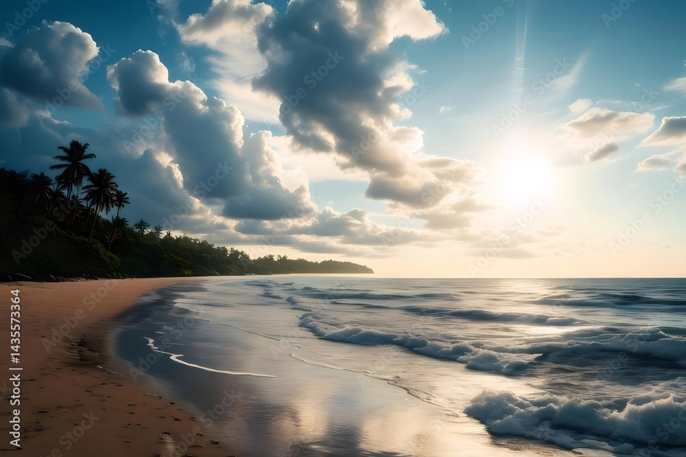 Poster 太陽が輝く穏やかなビーチの風景 青い空と雲 海岸線 砂浜に寄せる波