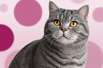 Obraz premium Striped tabby cat with amber eyes sitting on soft mauve background in natural light with calm alert expression classic feline pet portrait stock image