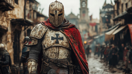 Naklejka premium Medieval Knight in a Dusty Town Square