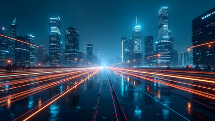 Modern Urban Center with Futuristic Hub and Glowing Network Lines