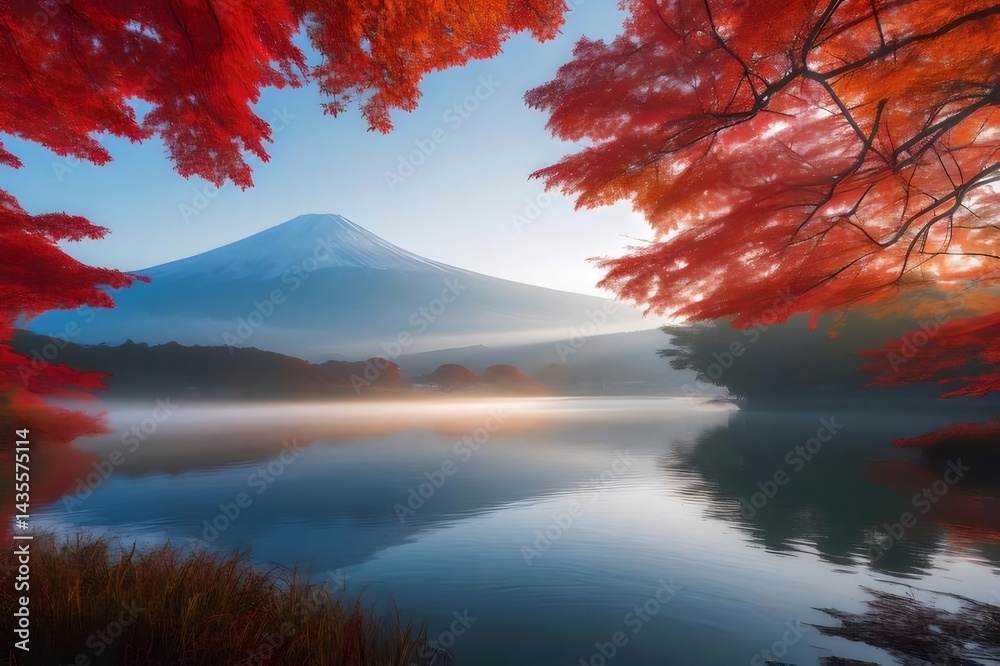 Aufkleber 紅葉に彩られた湖畔の朝焼け 霧に包まれた山々と水面の美しいコントラスト 自然の風景