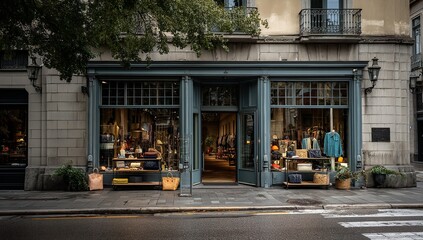 Front View of Urban Boutique Store with Open Door and Window Display of Fashion Accessories in Daylight