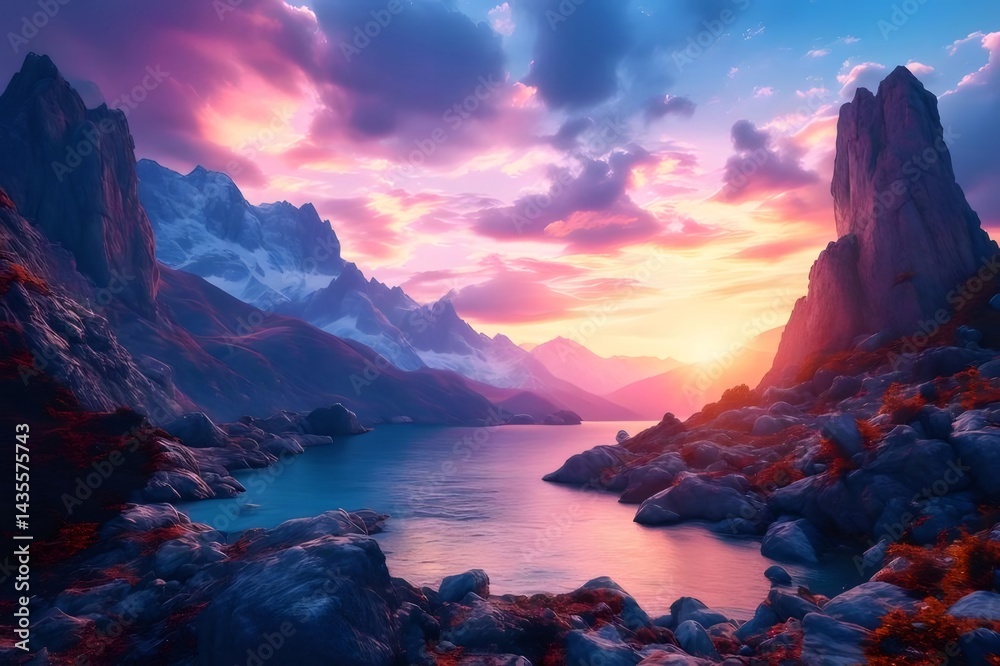 Aufkleber 夕焼けの空と湖に囲まれた山の風景 太陽が地平線に沈むドラマチックな風景