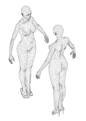 Two women are shown in a black and white illustration. One of the women is wearing high heels. Isometric view