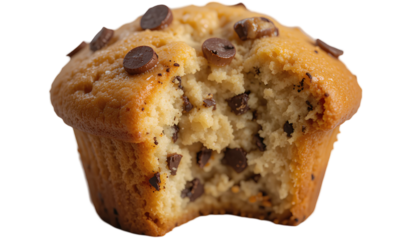 A delectable chocolate chip muffin with a visible bite taken, revealing its soft, airy texture isolated on transparent background 