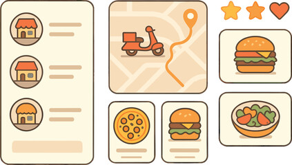 Trendy vector illustration of a food delivery app UI with restaurant list, order tracker, menu item cards, and rating icons. Clean, appetizing colors, no text, transparent background.