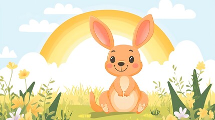 Fototapeta premium Cute Kangaroo Meadow Rainbow.