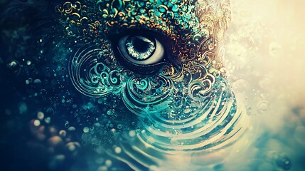 close-up of a single koi fish with expressive eyes and ornamental fins, surrounded by stylized water ripples close-up koi eye, ornamental fish fins, Japanese water culture, symbolic emotion 