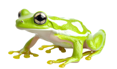  A cute green frog with white stripes on its body, isolated on a transparent background