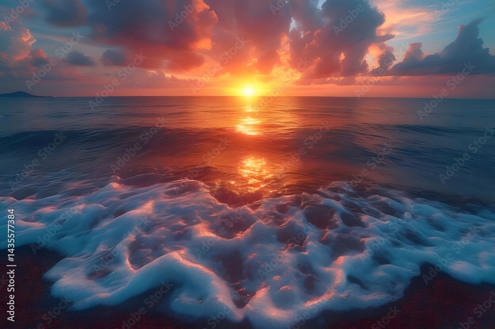Aufkleber 夕焼け時の海と波の風景 燃えるようなオレンジ色の太陽が水面に反射し 雲が空を覆い 穏やかで美しい光景