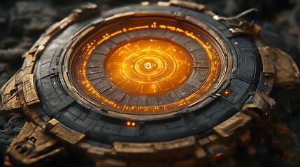 Glowing orb, intricate metallic design, dark background