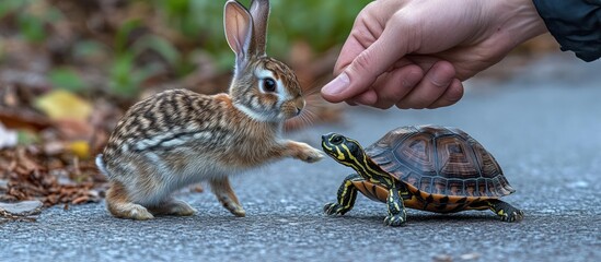 Naklejka premium Wildlife Encounter, Rabbit, Turtle, Hand Feeding