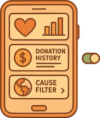 Naklejka premium Vector illustration of a donation tracking app with impact report, donation history, recurring gift toggle, and cause filter. Warm and inspiring style, no text, transparent background